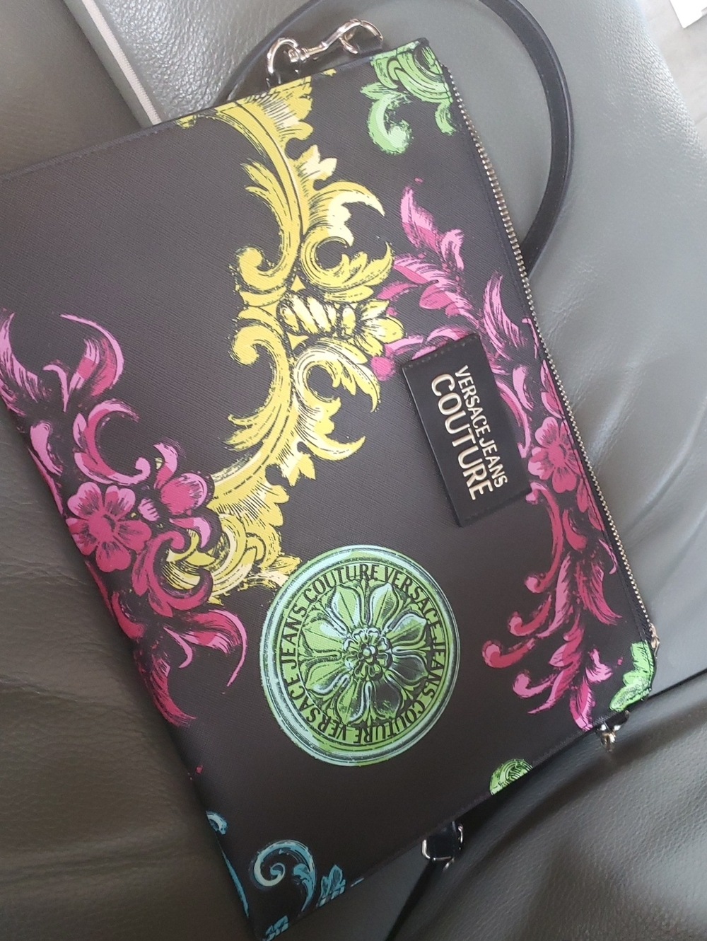 Versace Jeans Couture Black Floral Logo Crossbody Bag
